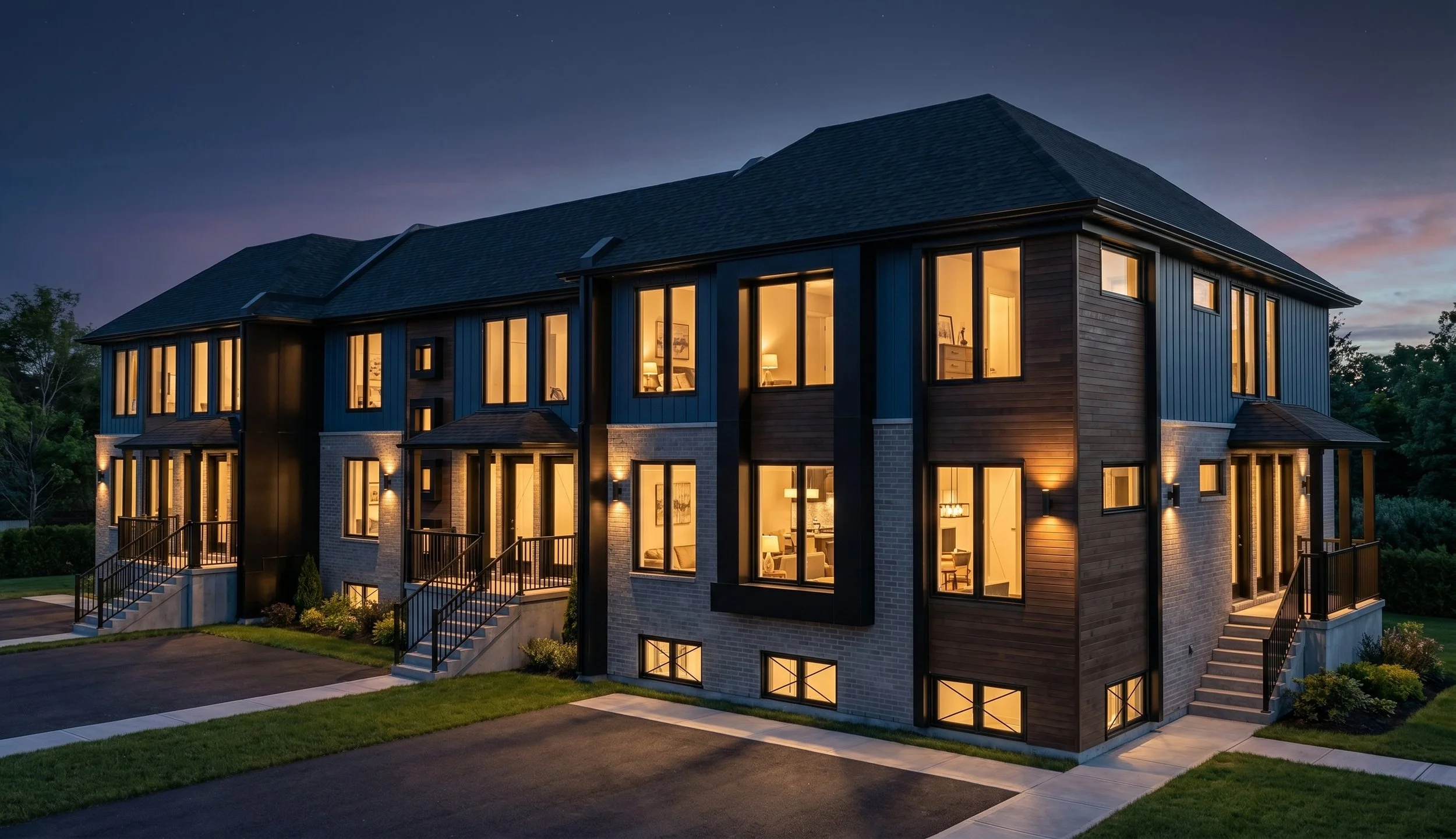 Modern Multi-unit multiplex townhouse block in Barrie, ON, designed by Dar Architects Inc., featuring a contemporary brick, wood, and blue siding facade.