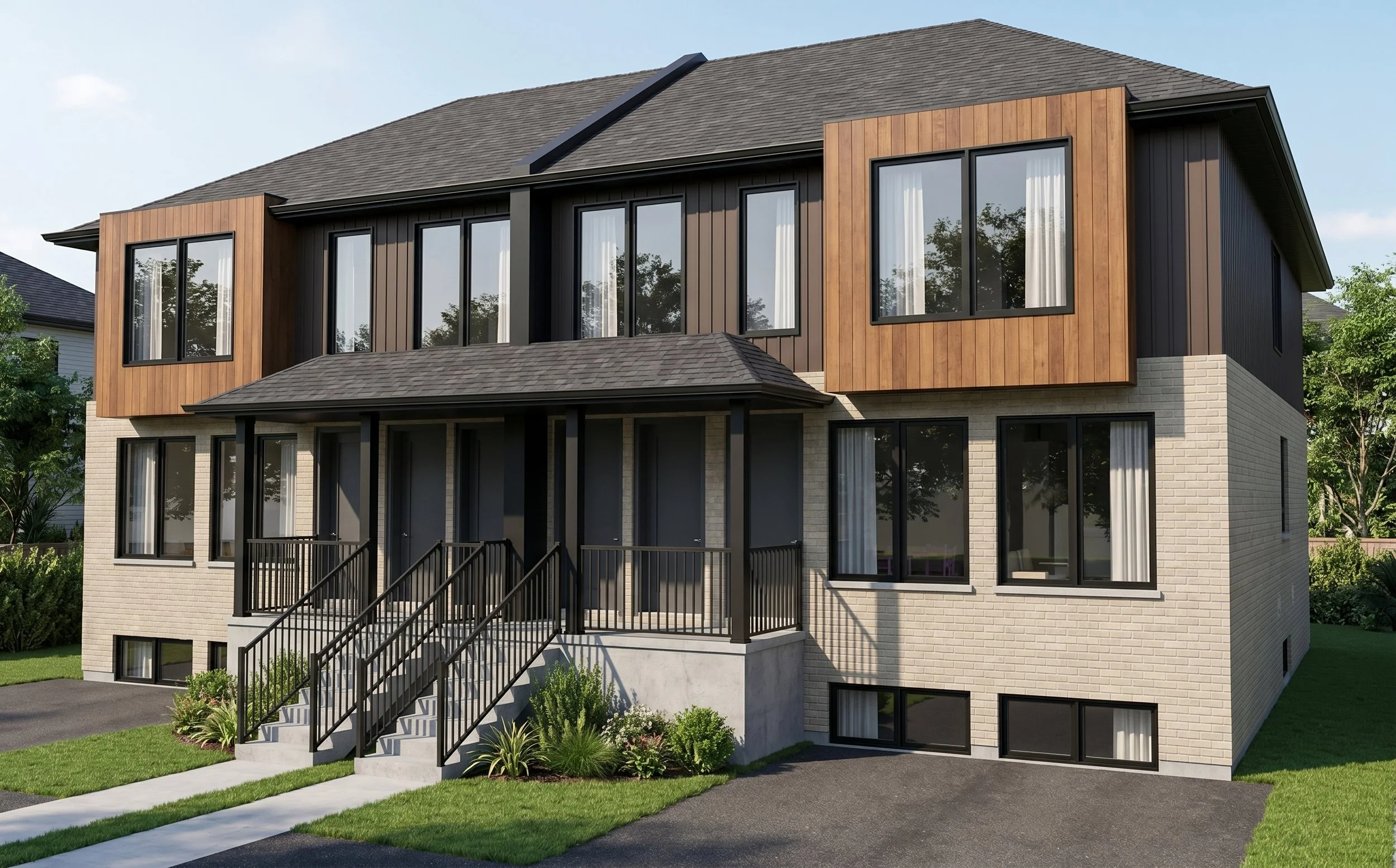 Modern 2-storey semi-detached multiplex design by Dar Architects Inc. Contemporary multi-family facade features light brickwork, black siding, wood accents, and separate unit entries for missing middle housing in Ontario.