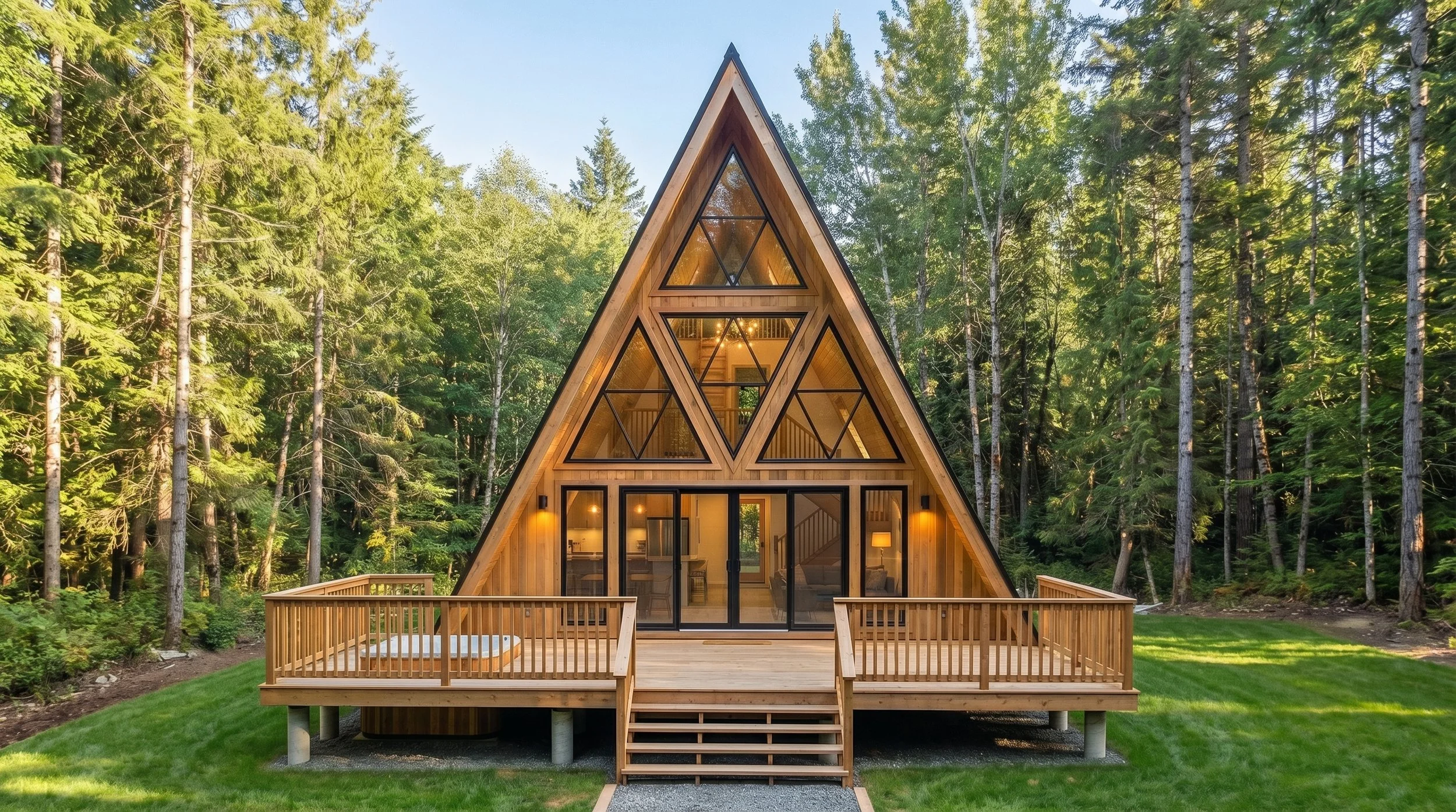 Modern A-frame cabin designed by Dar Architects Inc., featuring a symmetrical timber façade, expansive triangular glazing, and a raised wooden deck, set within a lush forest landscape in Ontario.