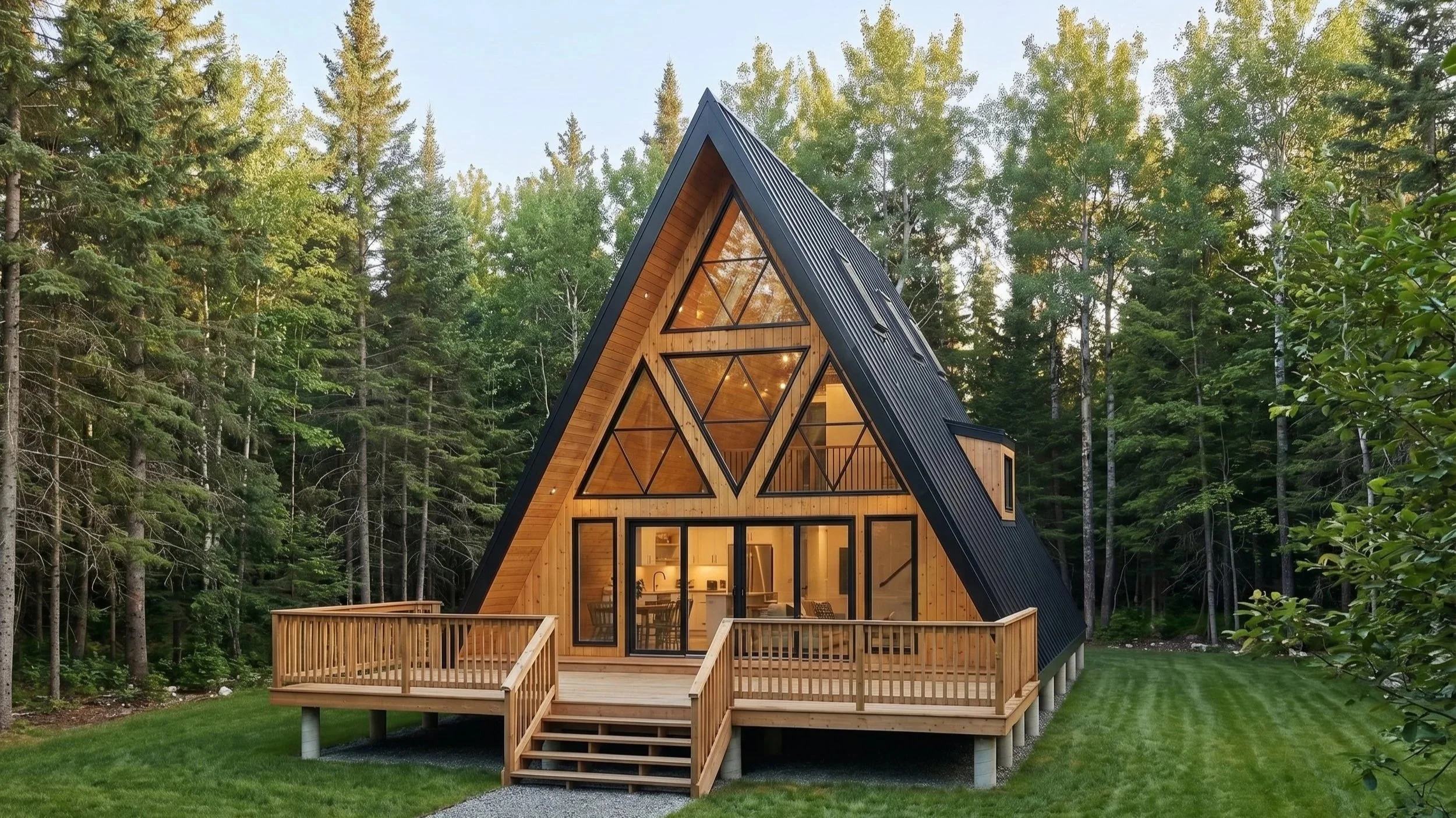 Exterior view of "The Gem of Gravenhurst" by Dar Architects Inc., a 2,000 sq ft modern A-frame custom home design in Ontario featuring a signature triangular glass wall, 3 bedrooms, and a luxury deck with a hot tub.