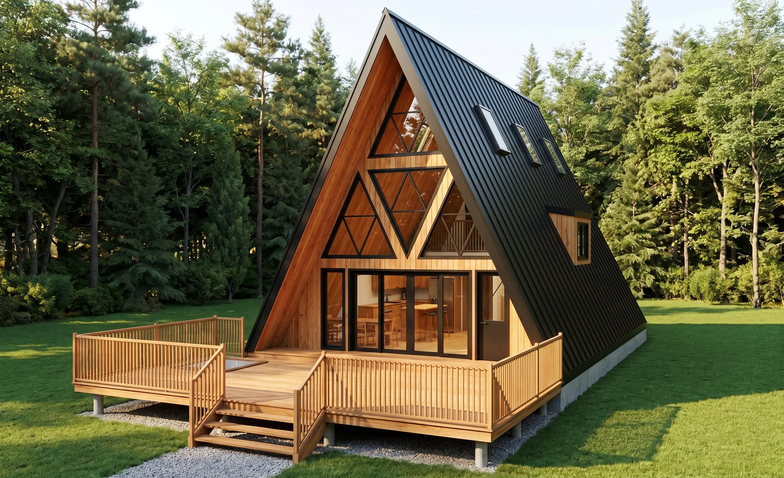 Modern A-frame design by Dar Architects Inc. in Gravenhurst, Ontario. Contemporary design featuring a black metal roof, geometric windows, and a wood deck in an Ontario forest.
