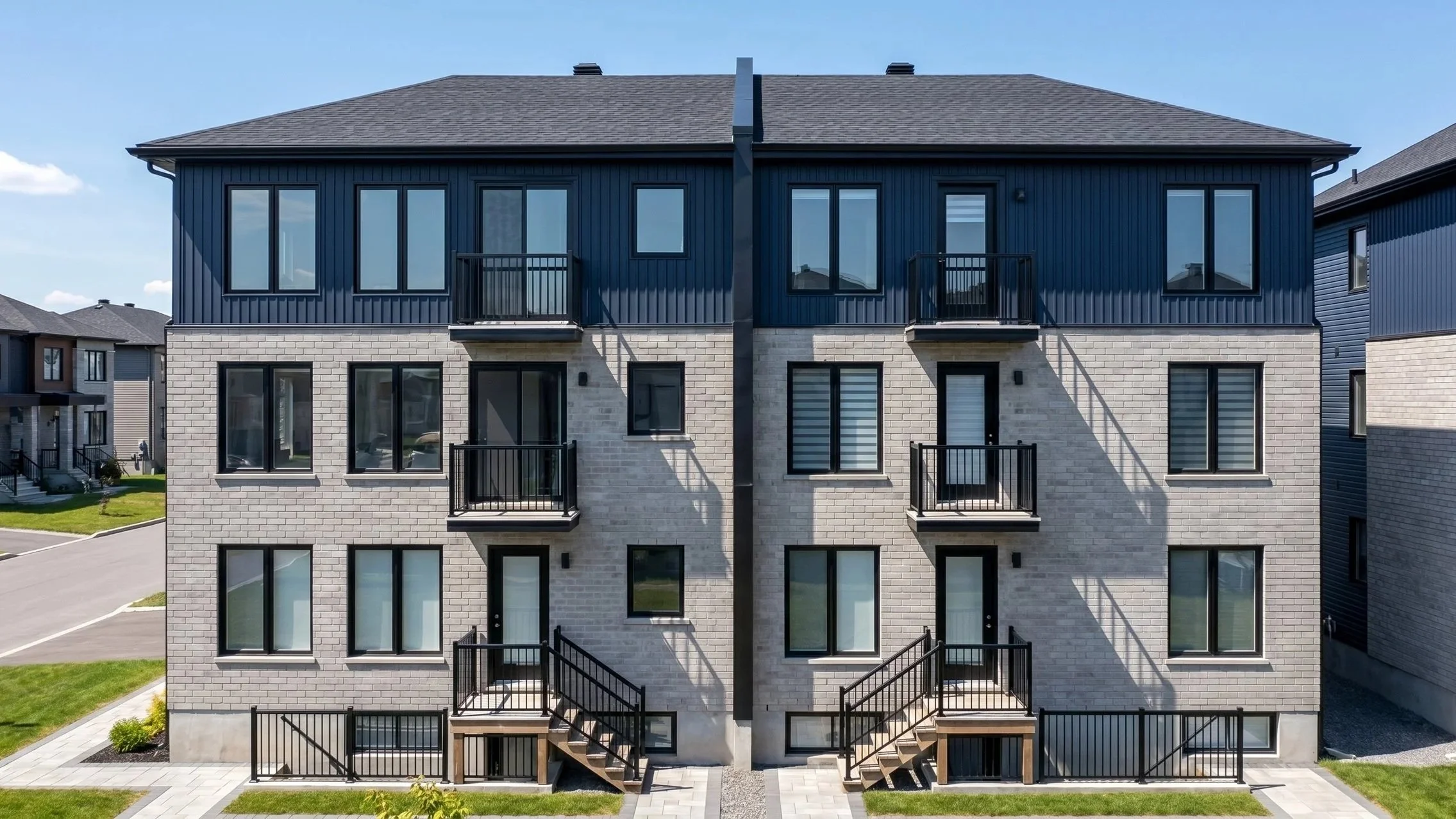 Modern 8-unit multiplex design by Dar Architects. 8,000 sq ft semi-detached multi-family building featuring 3-bedroom, 2-bathroom residential development architecture.