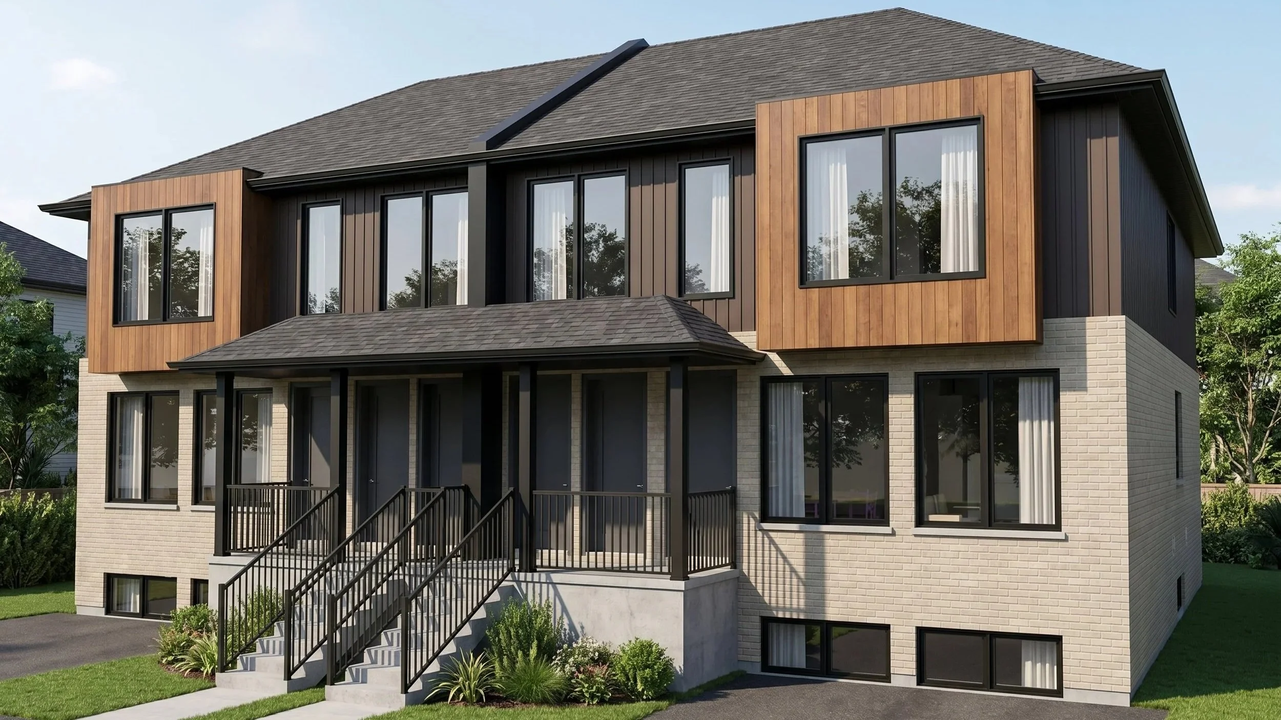 Modern 2-storey semi-detached multiplex design by Dar Architects Inc. Contemporary multi-family facade features light brickwork, black siding, wood accents, and separate unit entries for missing middle housing in Ontario.