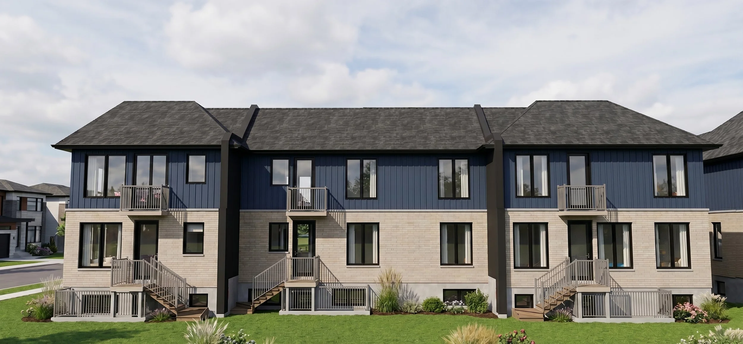 Modern Multi-unit multiplex townhouse block in Barrie, ON, designed by Dar Architects Inc., featuring a contemporary brick, wood, and blue siding facade.