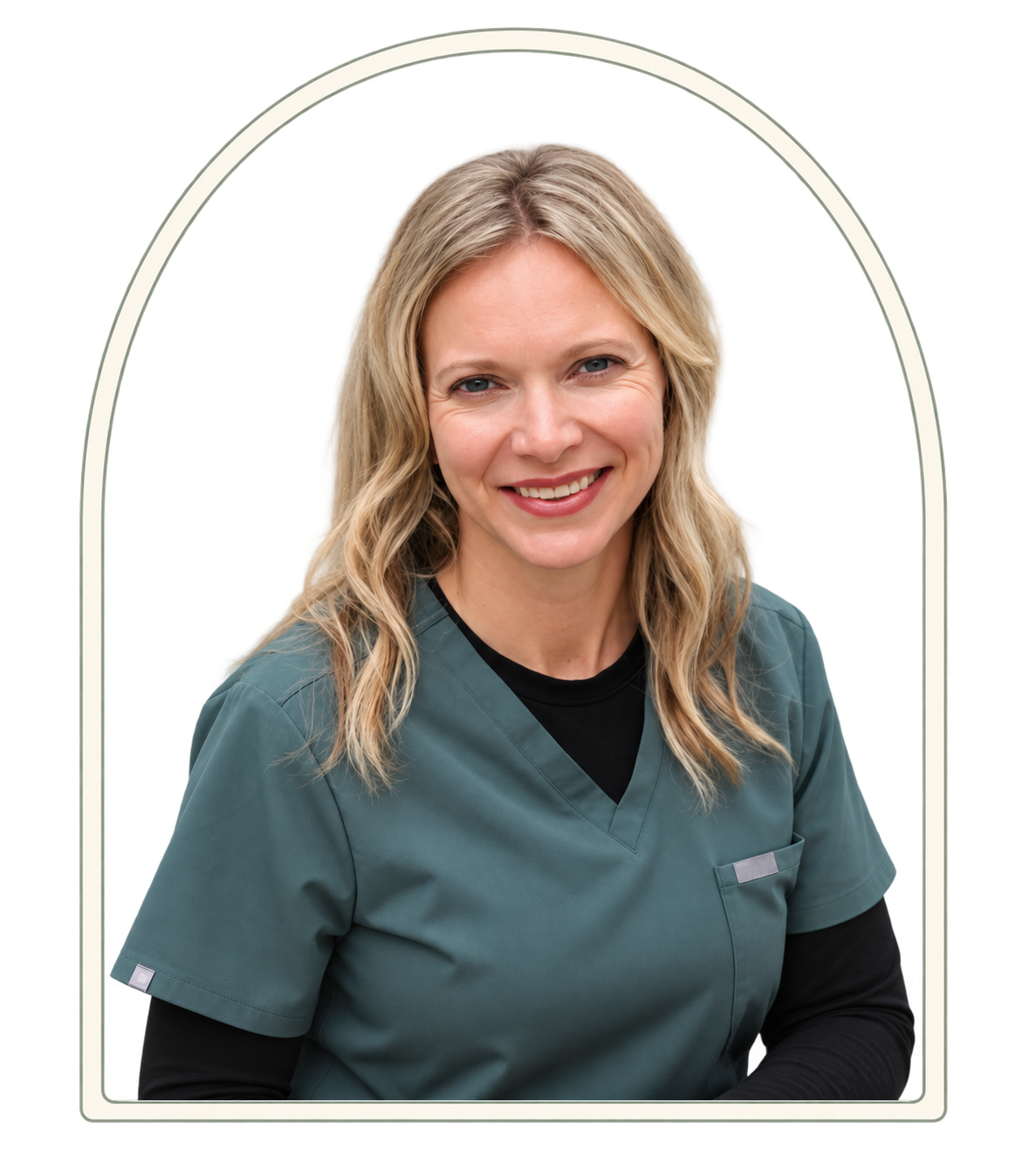 A smiling woman with blonde hair in medical scrubs sitting inside a large thermometer.