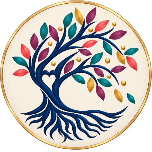 A circular design featuring a stylized tree with multicolored leaves and gold berries on a cream background with a gold border.