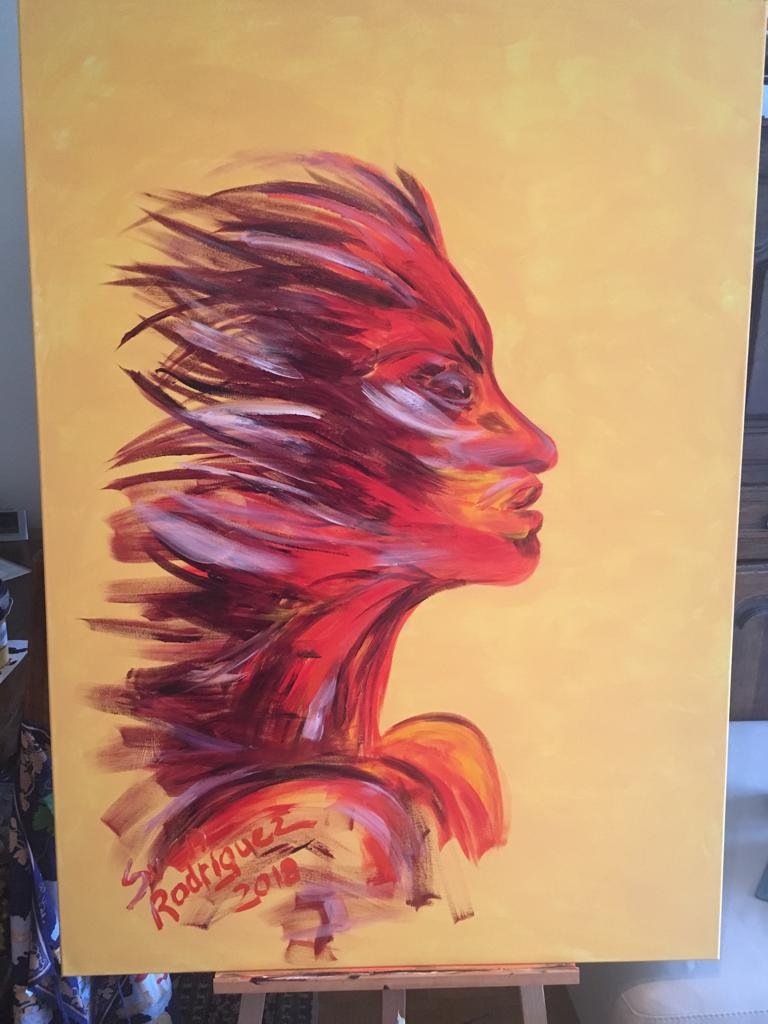 Gemälde eines Profils mit dynamischen Pinselstrichen in Rot- und Gelbtönen, signiert mit "Rodriguez 2010".