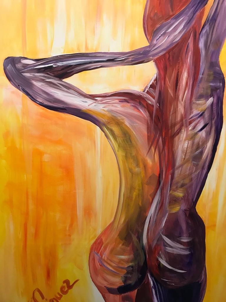 Abstraktes Gemälde von zwei verschlungenen menschlichen Figuren in warmen Farben.