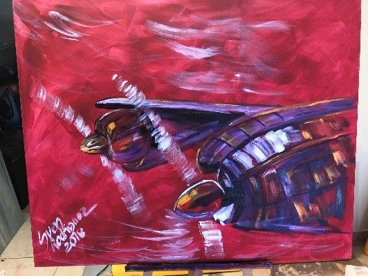 Abstraktes Gemälde eines Flugzeugs mit zwei Propellern auf rotem Hintergrund.