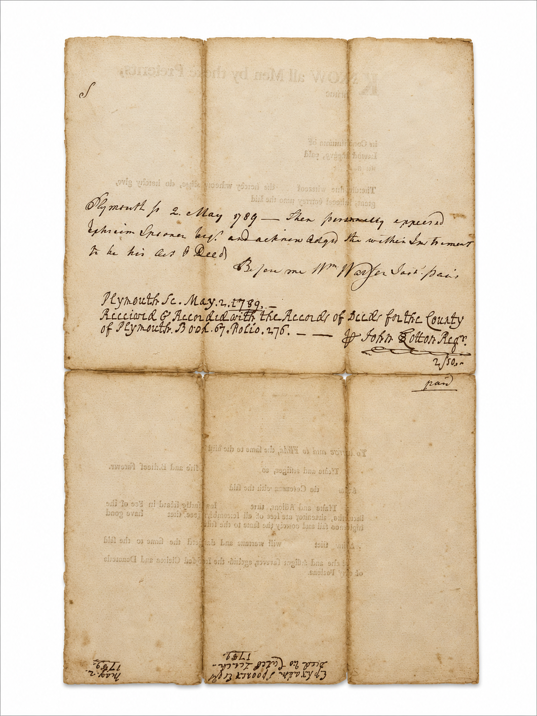 MASSACHUSETTS LAND DEED — PLYMOUTH COUNTY — JOHN SPOONER : CALEB LEACH — COLONIAL AMERICA_revers.png