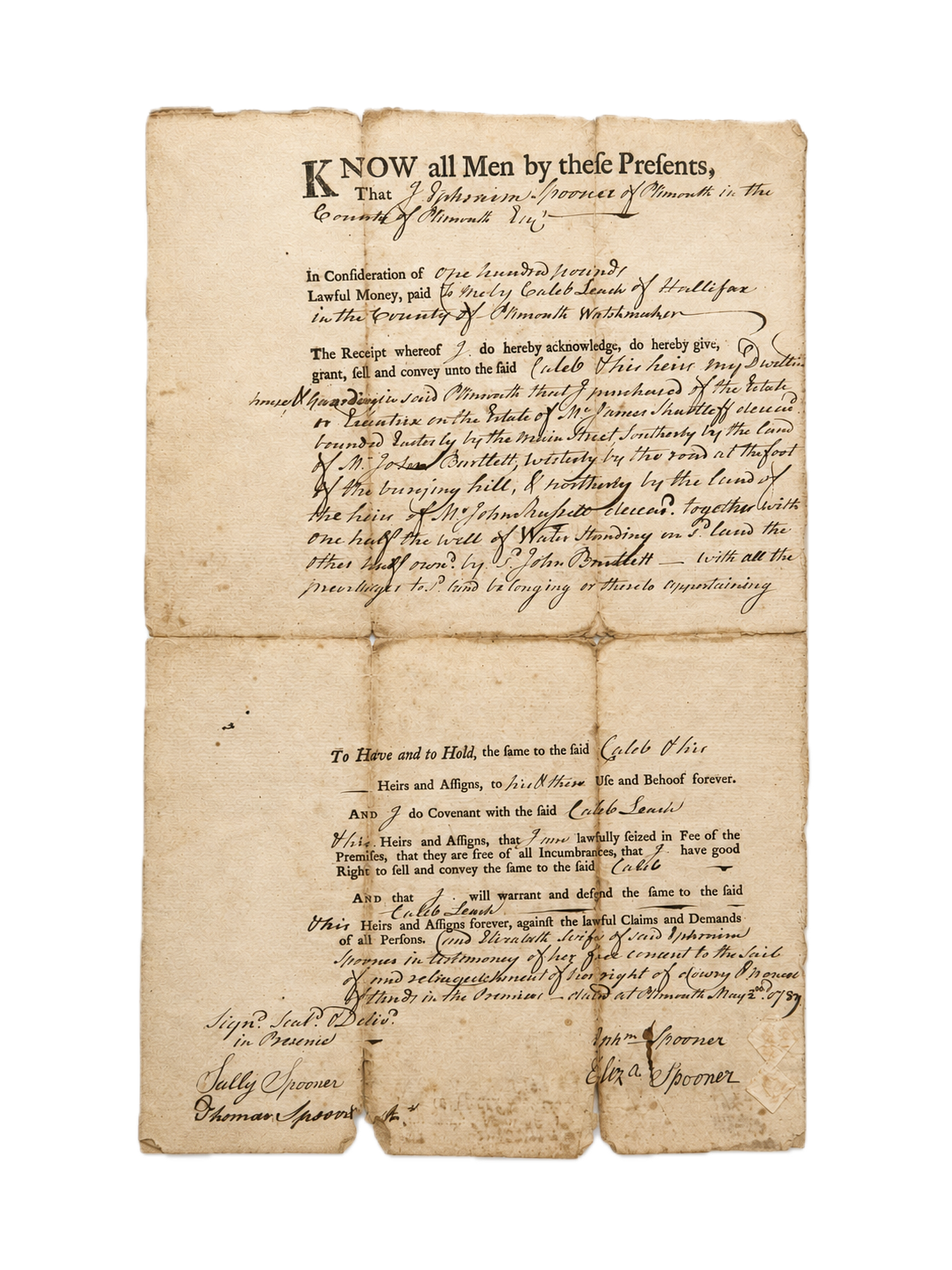 MASSACHUSETTS LAND DEED — PLYMOUTH COUNTY — JOHN SPOONER : CALEB LEACH — COLONIAL AMERICA_front.png