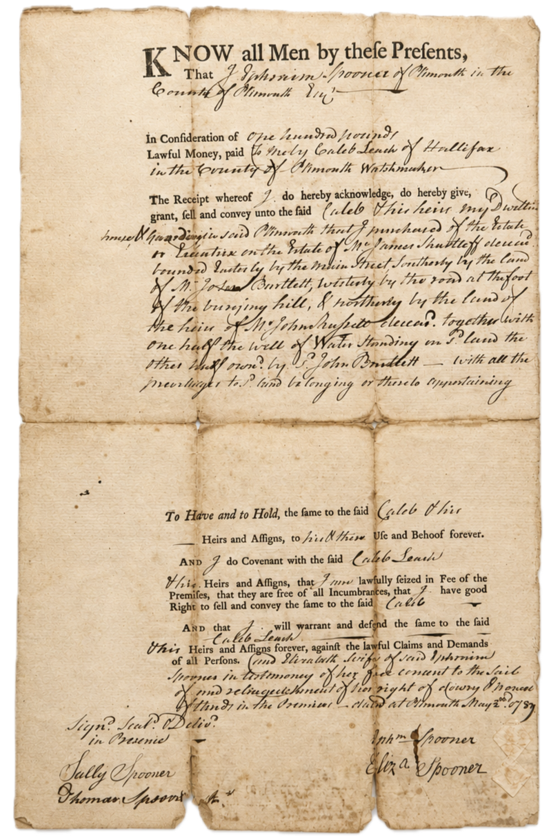 ORIGINAL 1789 MASSACHUSETTS LAND DEED — PLYMOUTH COUNTY — JOHN SPOONER / CALEB LEACH