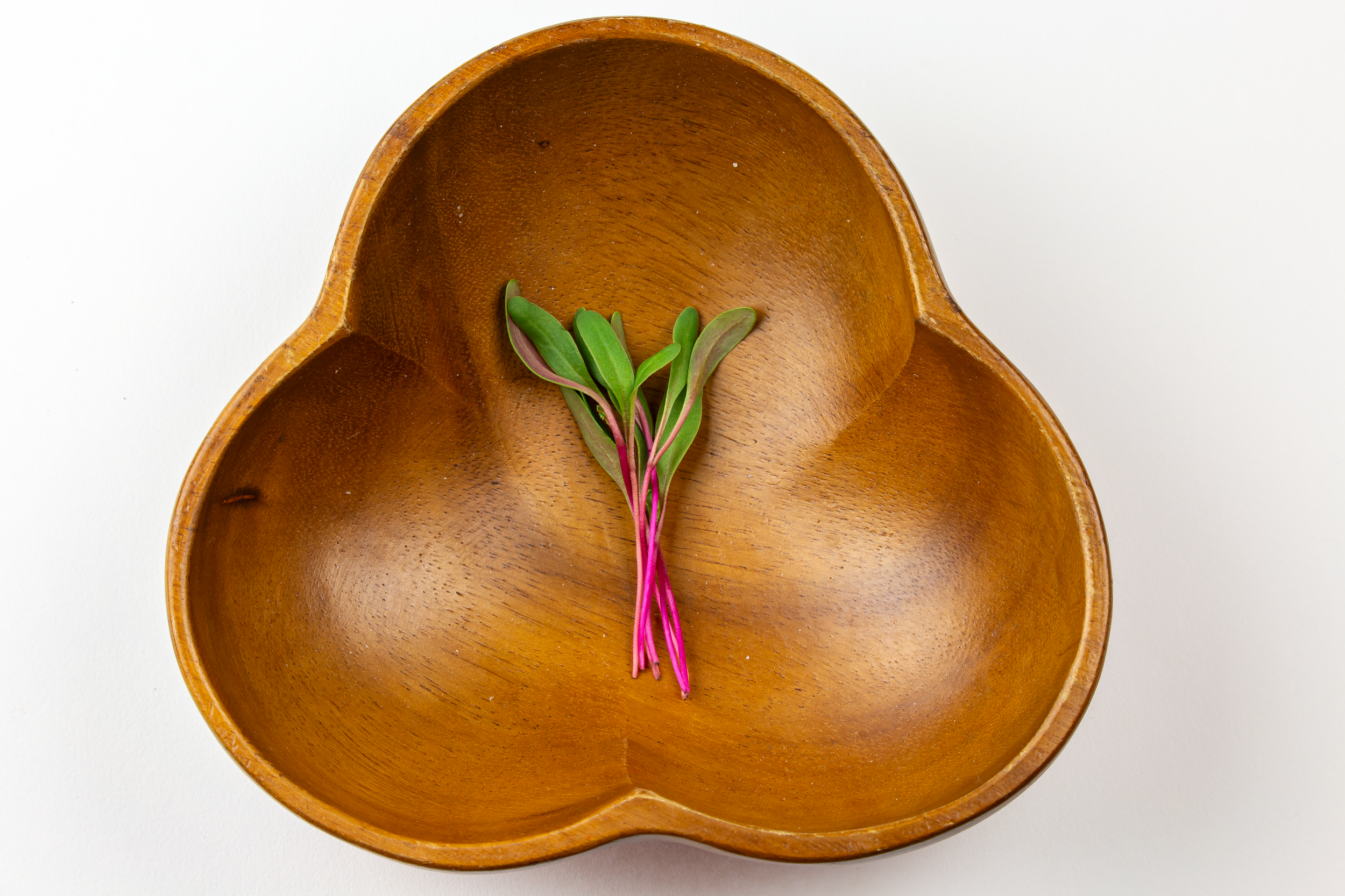 Wooden heart-shaped bowl with fresh microgreens inside