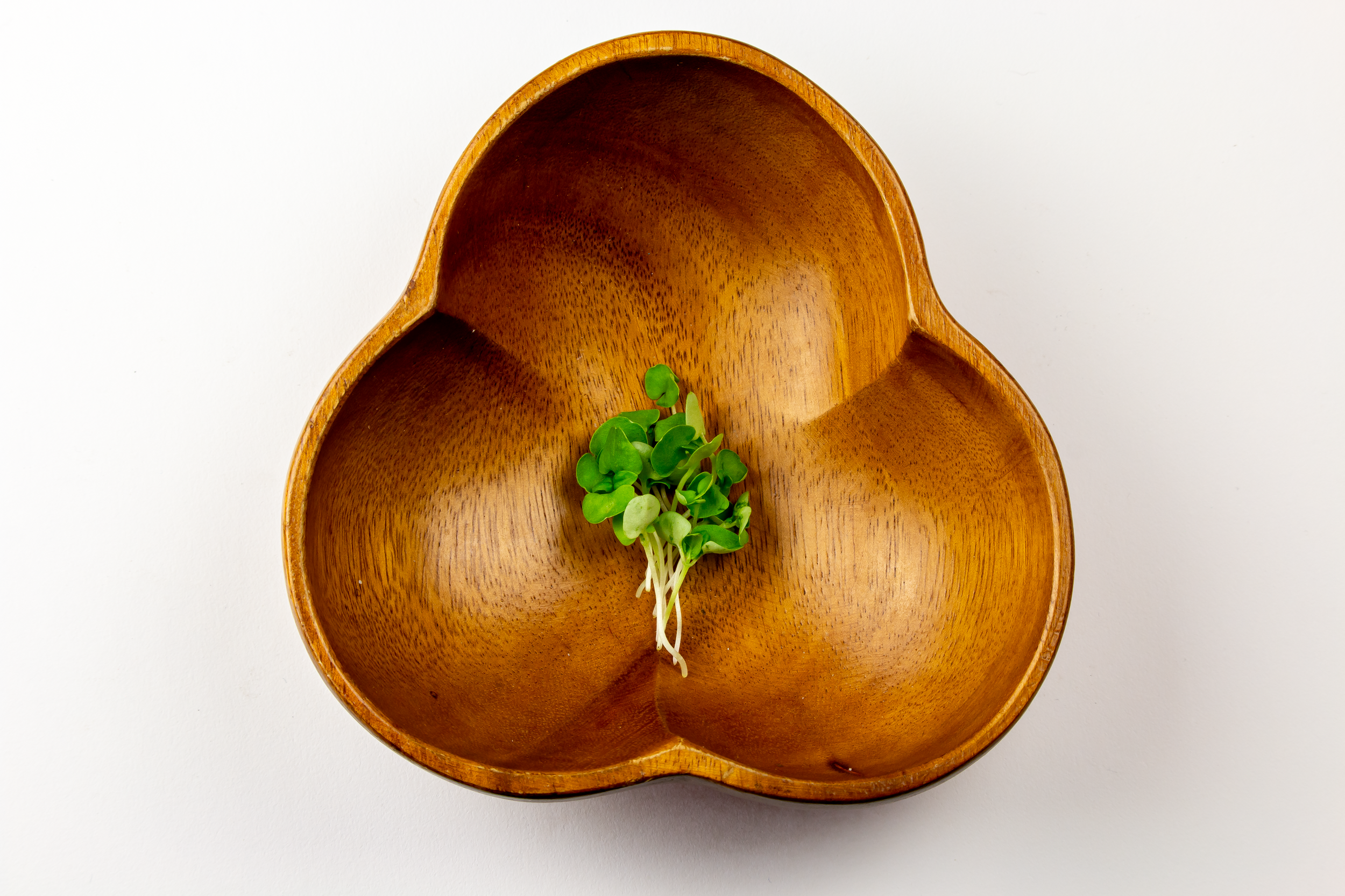 A wooden three-compartment dish with a small bunch of microgreens in the center