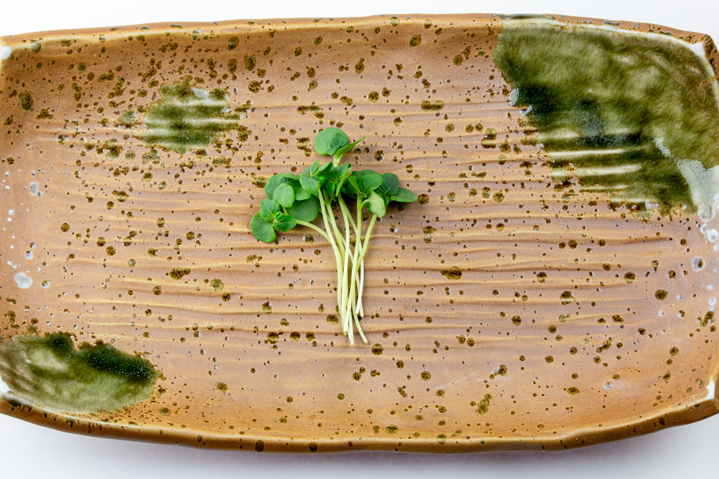 Small green microgreens on a rectangular ceramic plate with a speckled brown glaze and green patches.