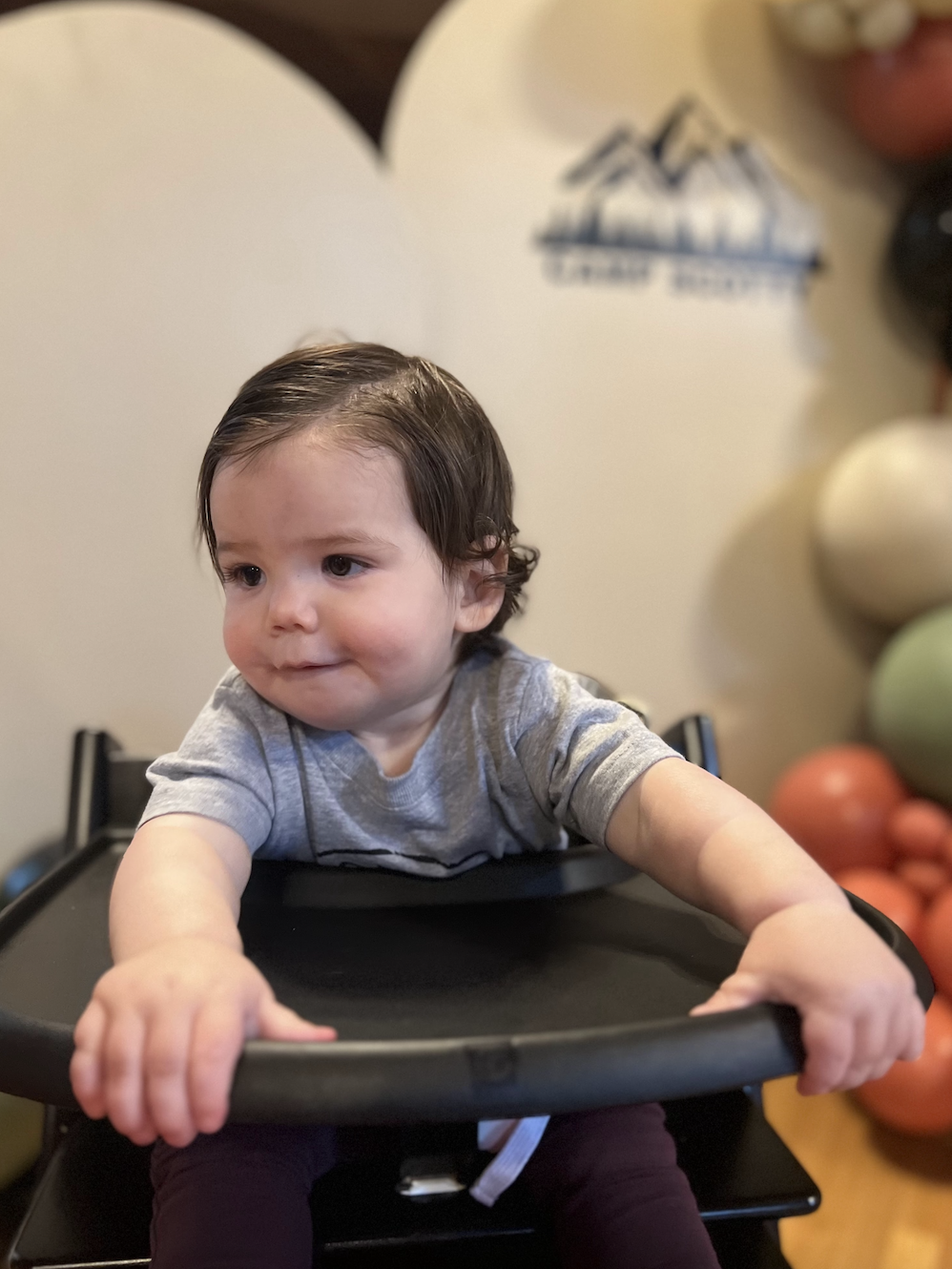 A young child with dark hair in a gray shirt sitting in a high chair, reaching out with both hands. In the background, there are balloons and a mountain logo on the wall.