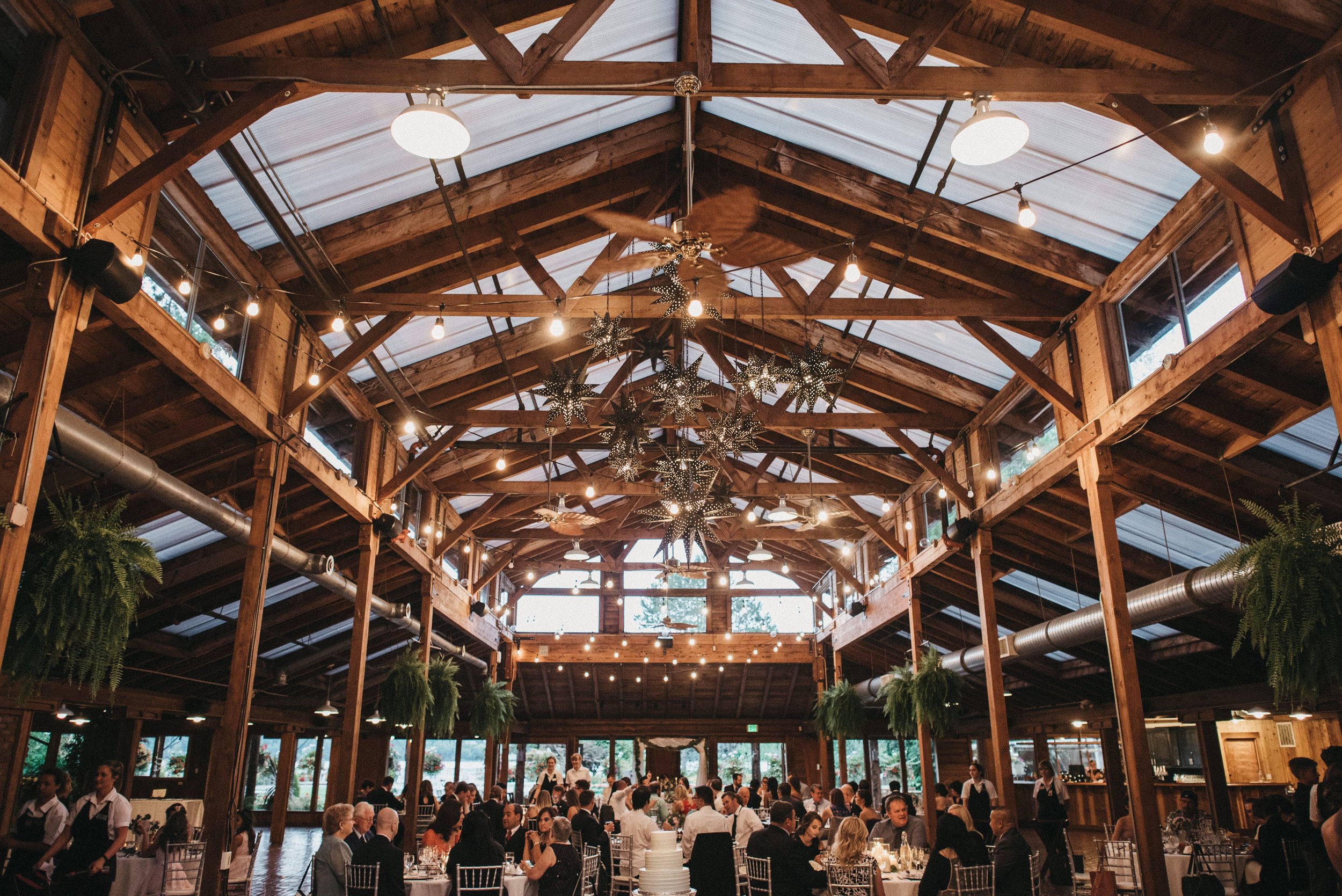 Indoor event in a rustic wooden hall with high vaulted ceiling, string and star-shaped lights, and hanging plants, filled with seated guests and waitstaff.