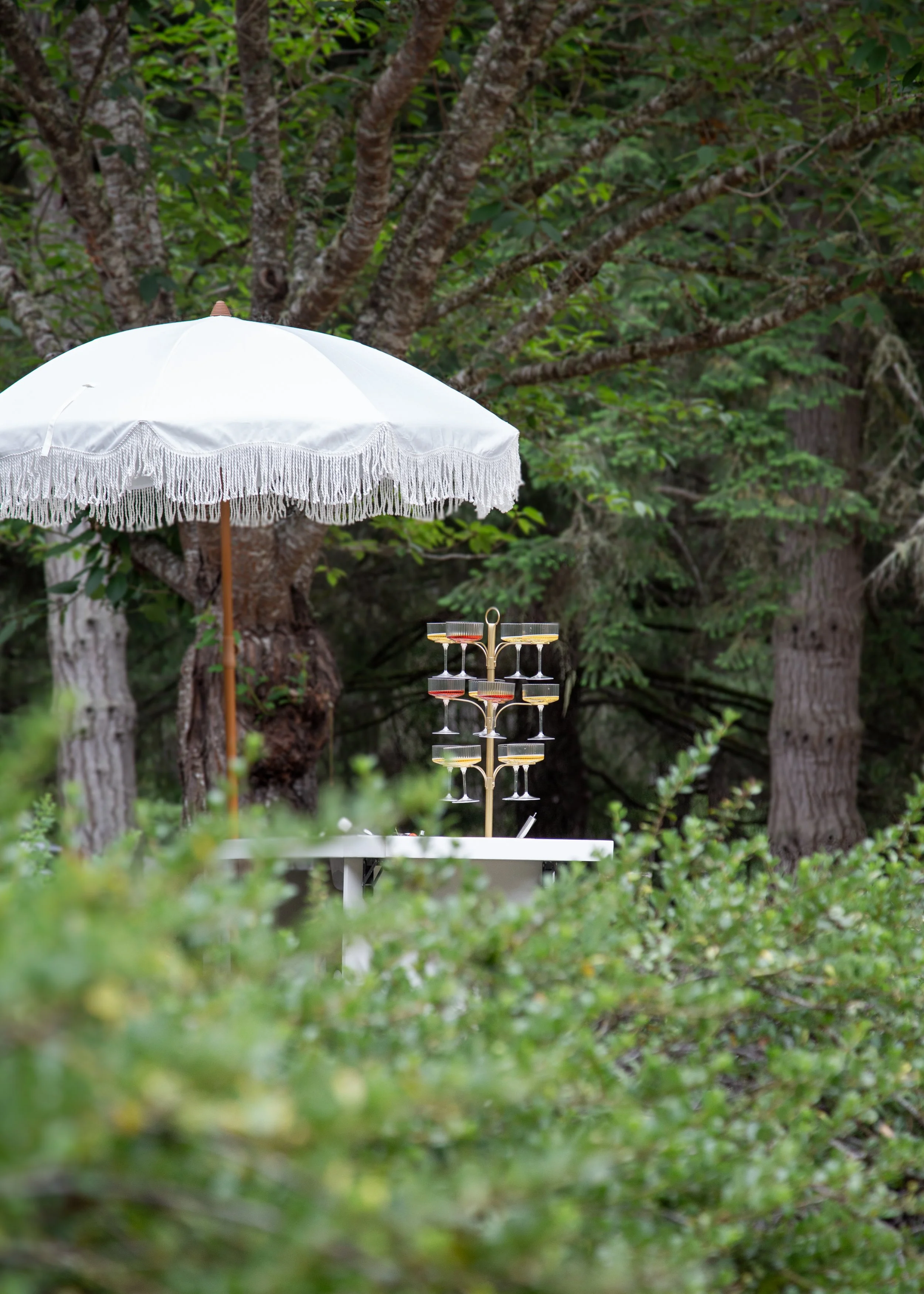 A white outdoor umbrella with fringes on a table in a garden with green trees and bushes.