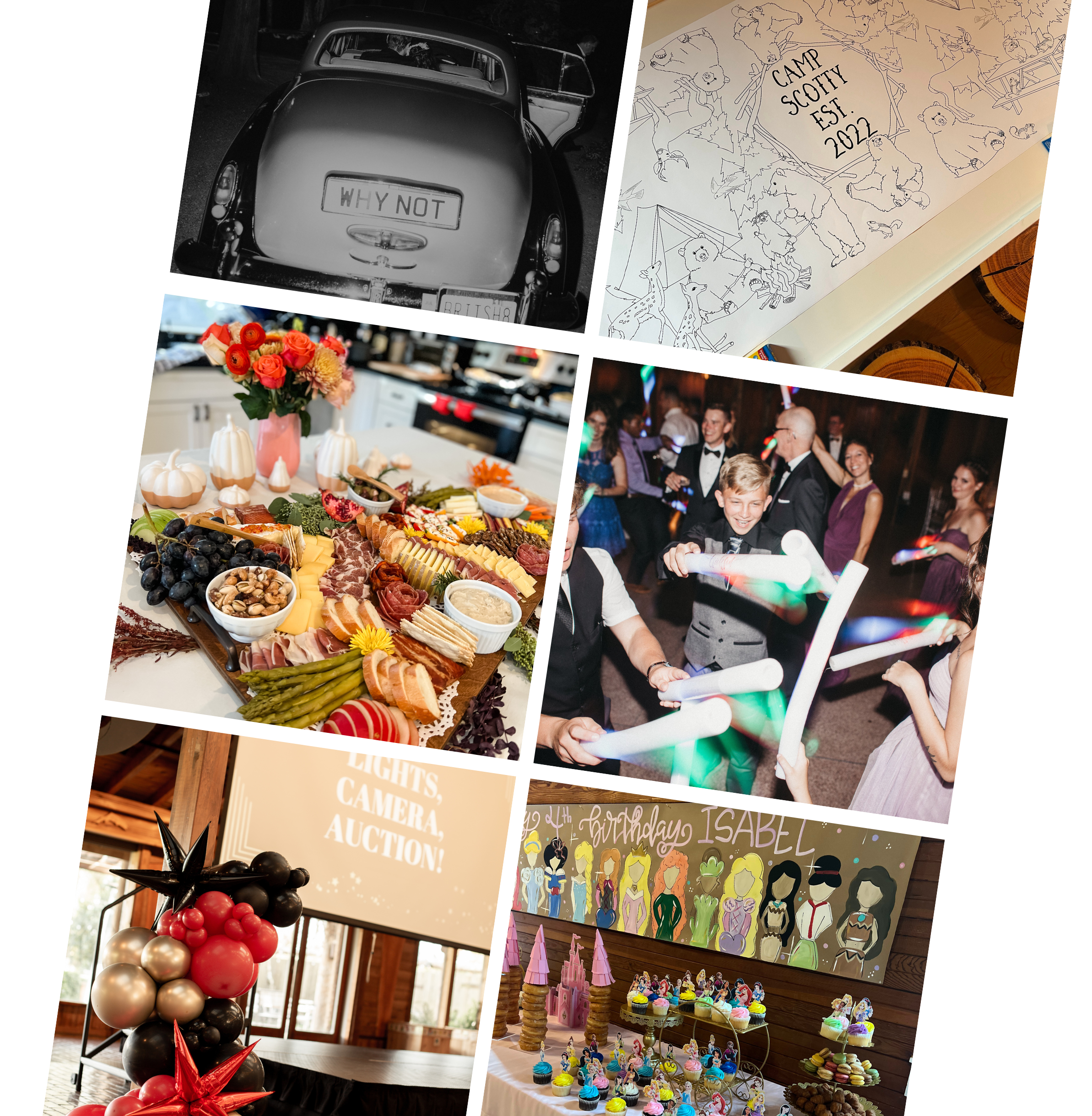 Collage of various party images: a black and white photo of a vintage car with a custom license plate, a coloring book titled 'Camp Scotty Est 2022' with animal illustrations, a table set with a cheese and charcuterie platter, a birthday celebration with children dancing and playing with glow sticks, a balloon arch with black, red, and gold balloons, and a birthday party with themed decorations, cupcakes, and a large painted banner reading 'Happy Birthday Isabel' featuring princess characters.