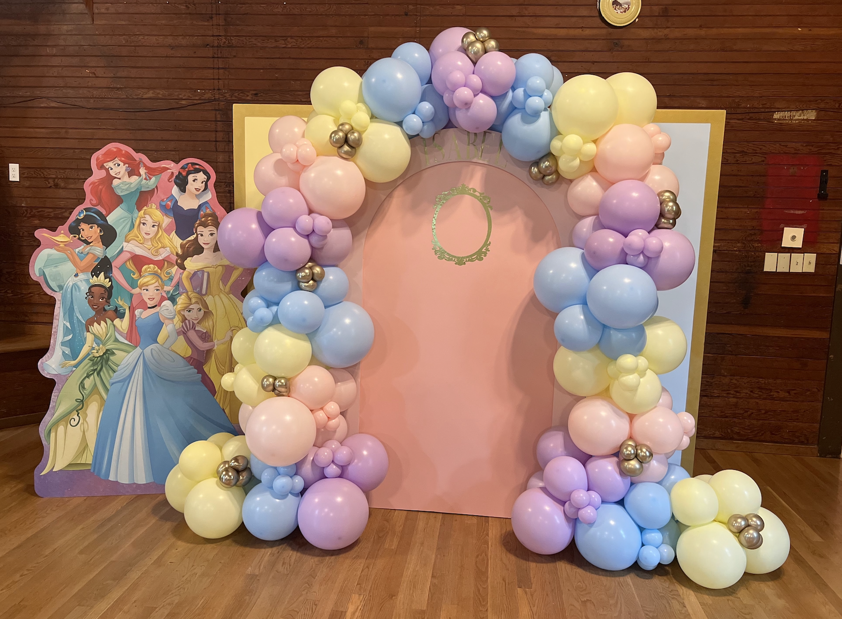 Decorative balloon arch with pastel colors around a pink backdrop, featuring Disney princesses illustration on the side for a child's birthday celebration.