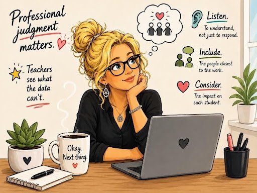 Image of a teacher reflecting with a text overlay that reads "Professional Judgement Matters."