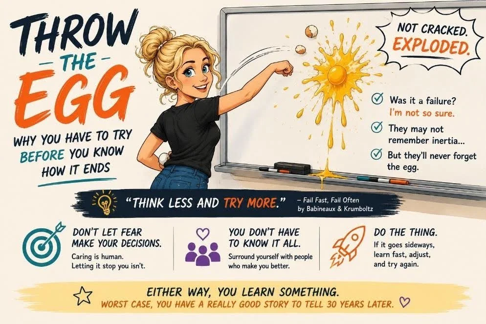 Illustration of a teacher throwing an egg at the classroom whiteboard.