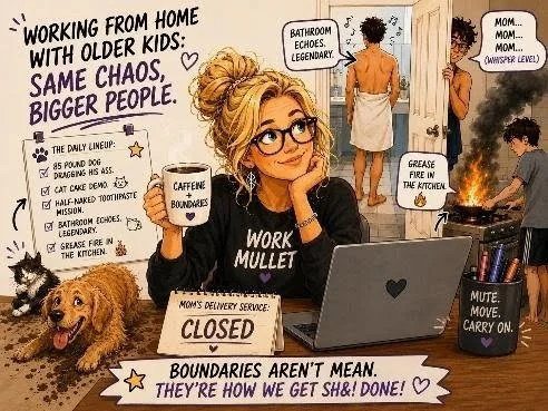 Caricature image of a female teacher working from home with a sign behind her that reads "Same chaos, bigger people."