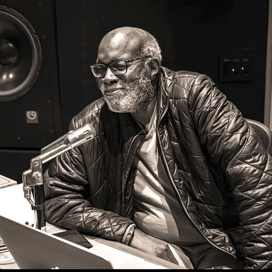 Dr. Wayne Wallace with glasses, gray beard, and bald head, wearing a black quilted jacket, sitting at a table with a microphone, in a recording studio.