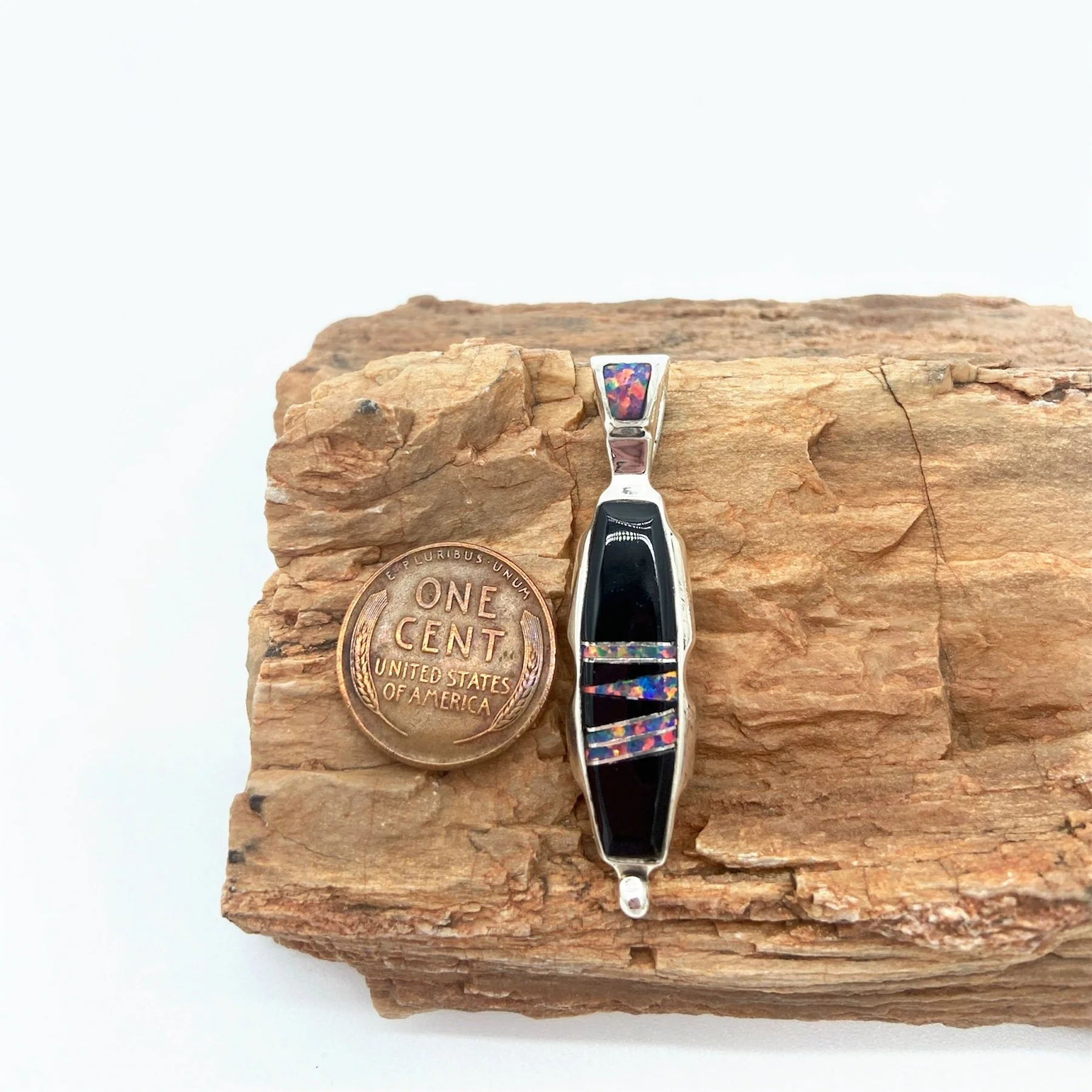 Handmade Sterling Silver Pendant with Jet and Opal Inlay- Lazuli Designs / Stacy Spencer, Diné (Navajo)