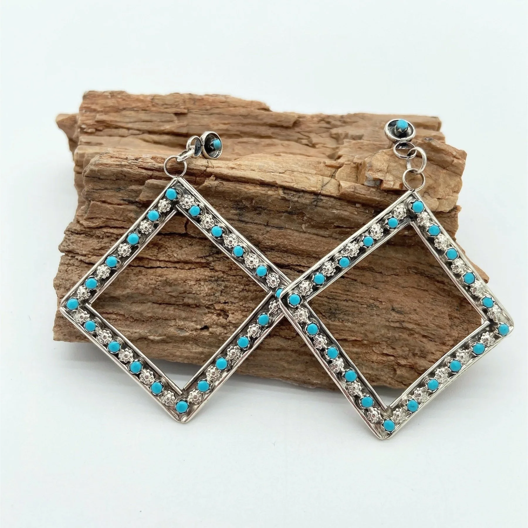 Hand Made Sterling Silver and Petit Point Turquoise Earrings -Zuni Style, Unknown Artist