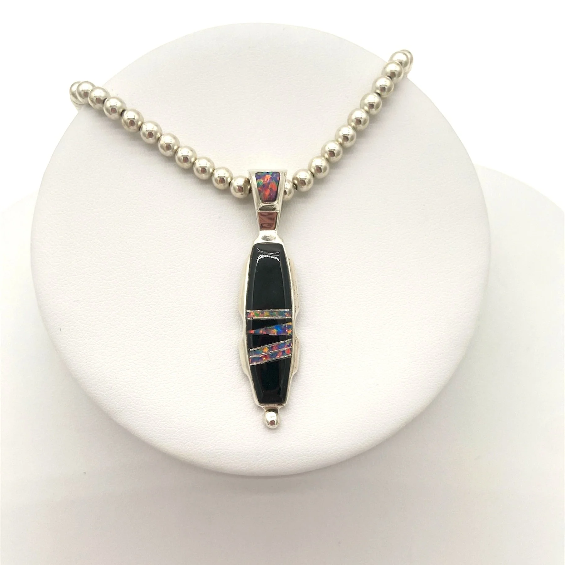 Handmade Sterling Silver Pendant with Jet and Opal Inlay- Lazuli Designs / Stacy Spencer, Diné (Navajo)