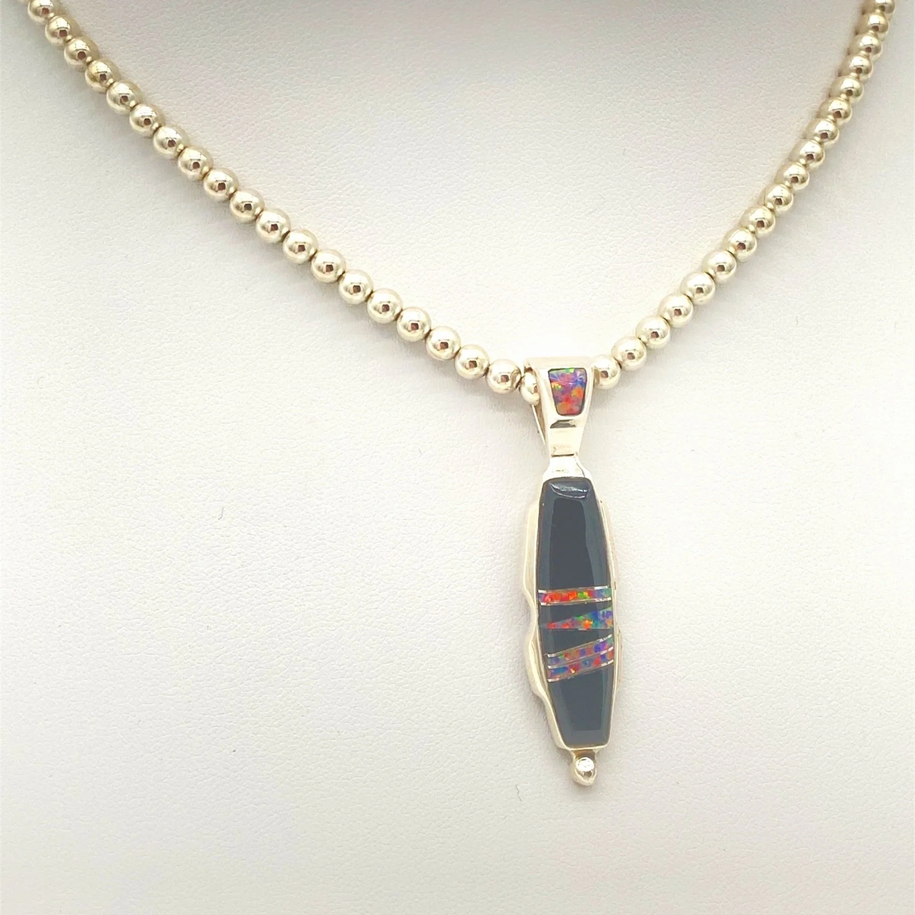 Handmade Sterling Silver Pendant with Jet and Opal Inlay- Lazuli Designs / Stacy Spencer, Diné (Navajo)