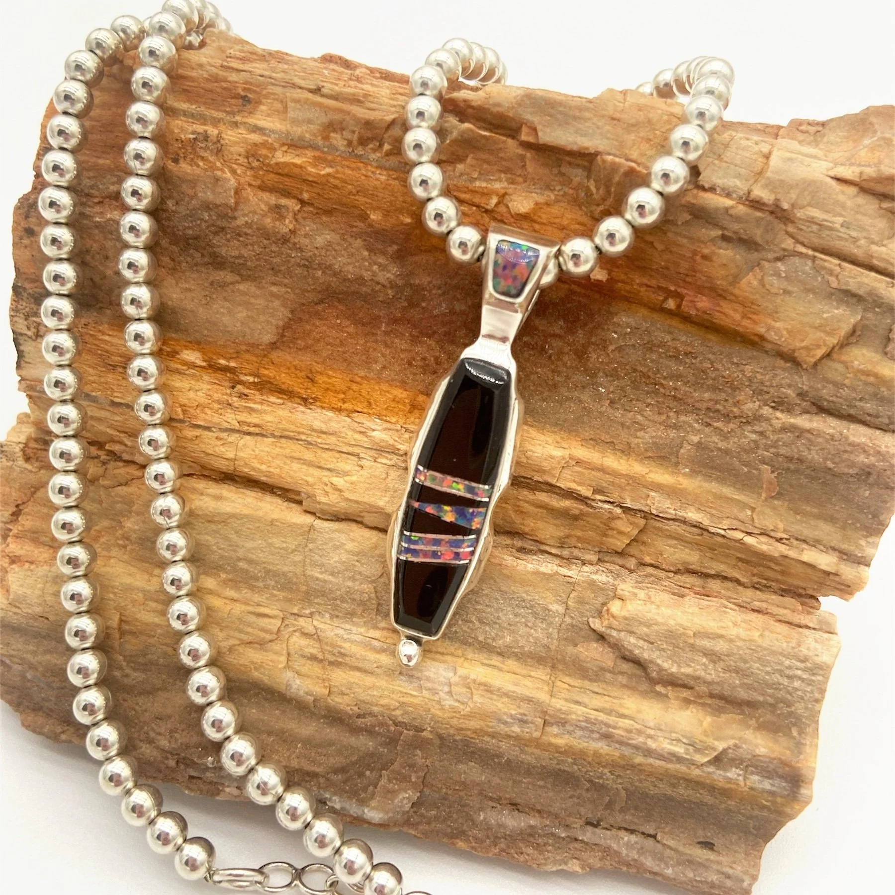 Handmade Sterling Silver Pendant with Jet and Opal Inlay- Lazuli Designs / Stacy Spencer, Diné (Navajo)