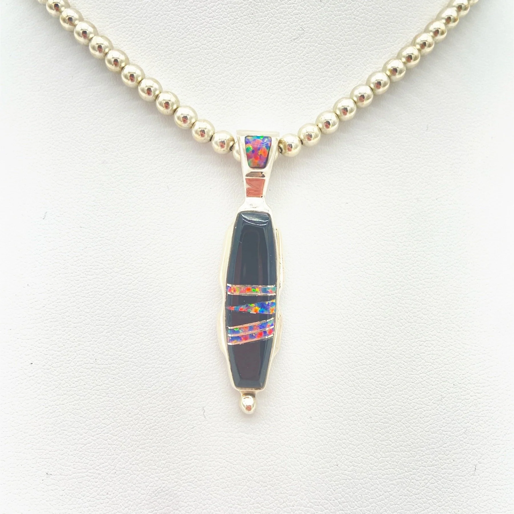 Handmade Sterling Silver Pendant with Jet and Opal Inlay- Lazuli Designs / Stacy Spencer, Diné (Navajo)