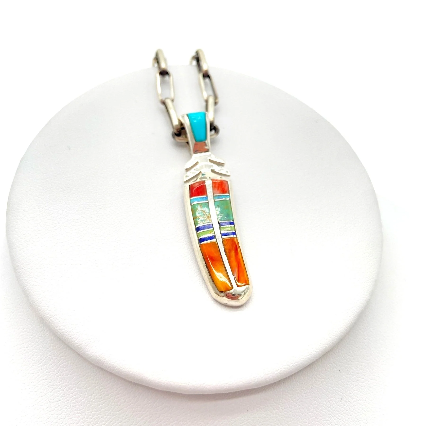 Handmade Sterling Silver Feather Pendant with Multi-Stone Inlay - Lazuli Designs
