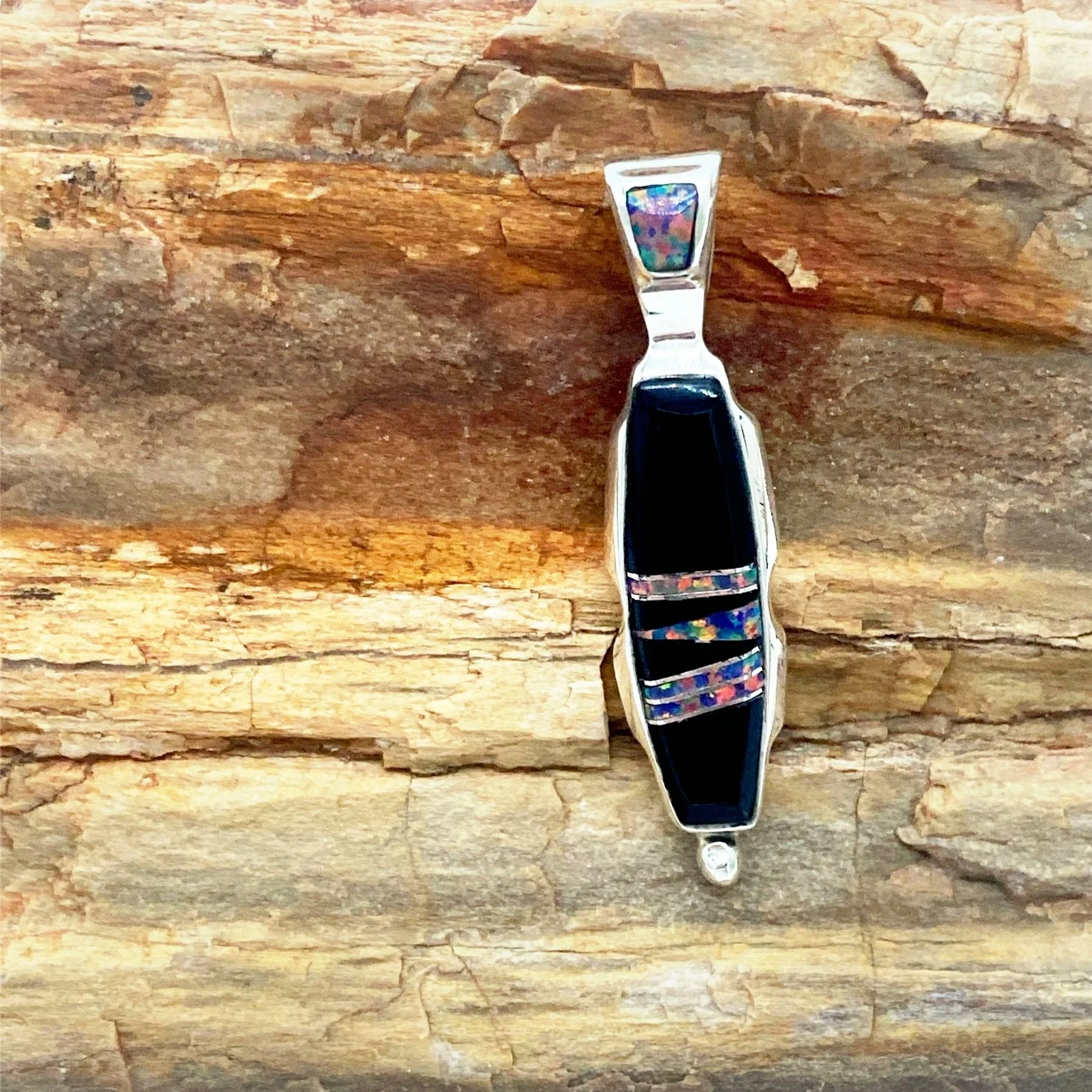 Handmade Sterling Silver Pendant with Jet and Opal Inlay- Lazuli Designs / Stacy Spencer, Diné (Navajo)
