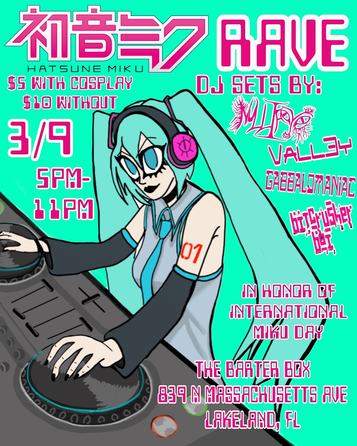 COULD THIS BE *THE* EVENT OF 2025??? (or maybe i&rsquo;m biased because miku is my queen&hellip;) 
I AM HAPPY TO ANNOUNCE MIKU RAVE- A CELEBRATION IN HONOR OF INTERNATIONAL MIKU DAY 3/9 
$5 IN COSPLAY
$10 NOT IN COSPLAY
COME JOIN US ON A SUNDAY, YES 