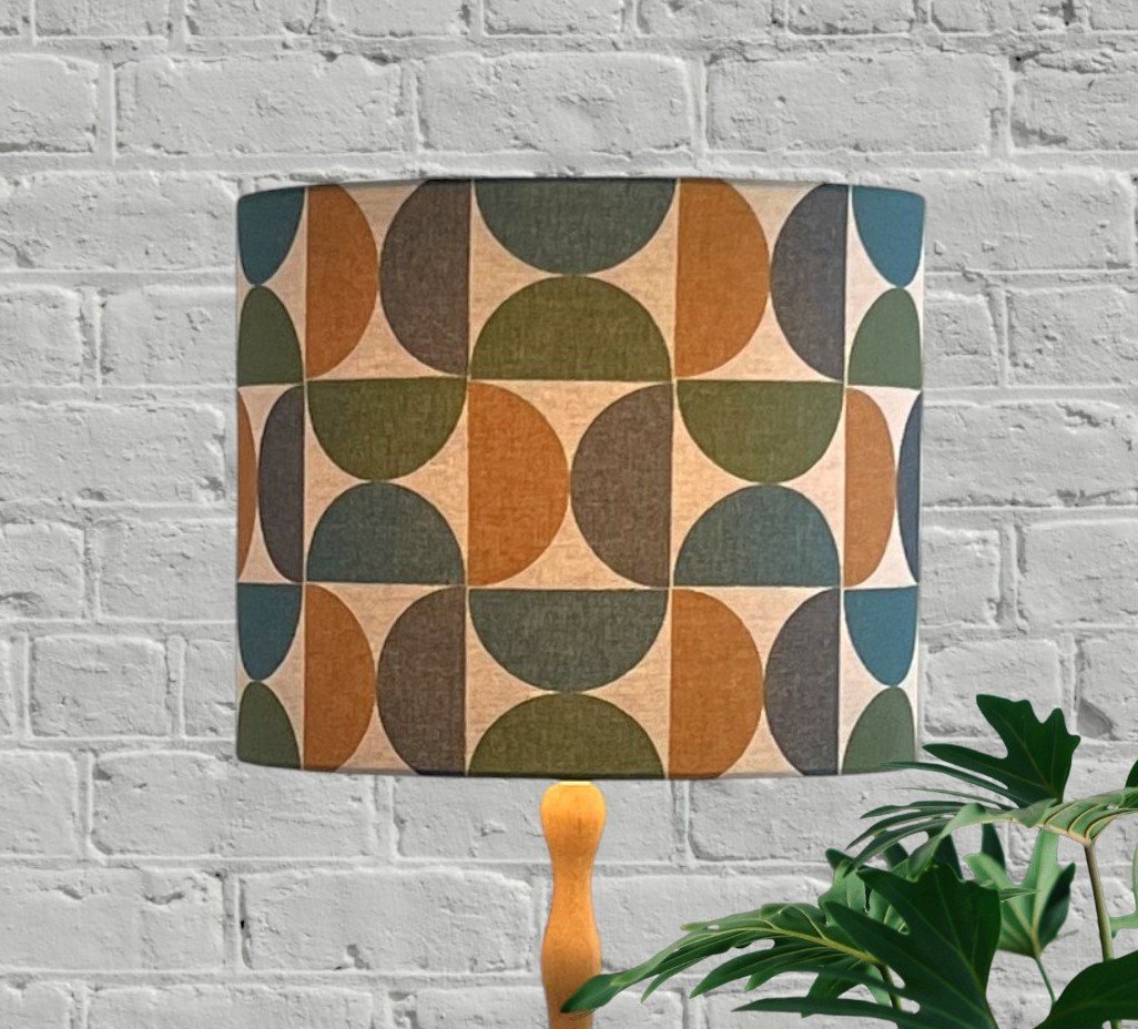 Geometric Multi-Coloured Lampshade | Green, Navy, Teal, Orange Lamp Shade | Linen Blend Fabric | UK Designer Fabric | Handmade Australia