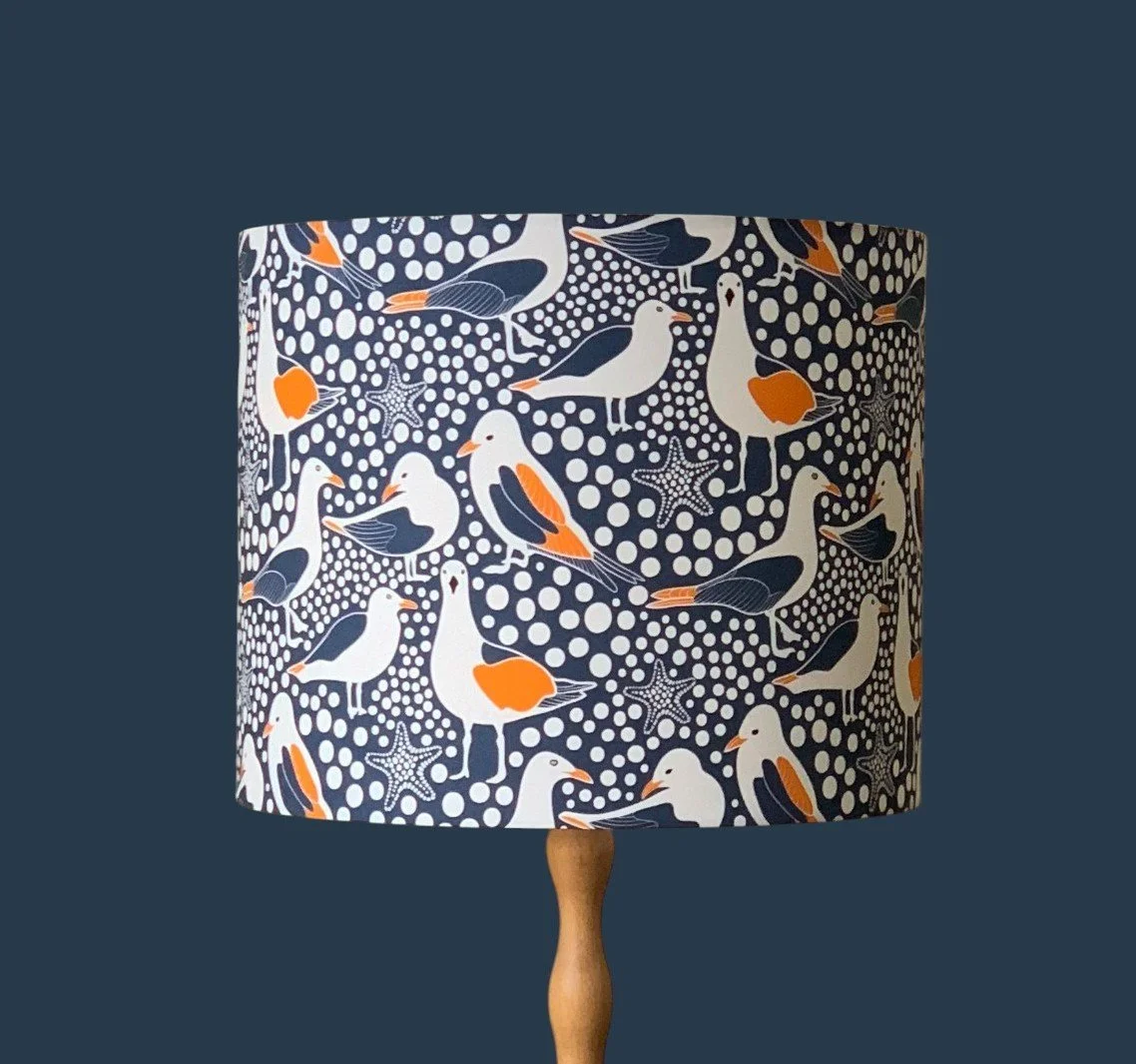 Blue, Orange & White Seagull Printed Lampshade | Fun Bird Fabric | Beach House Large Lampshade | Hand Made Australia