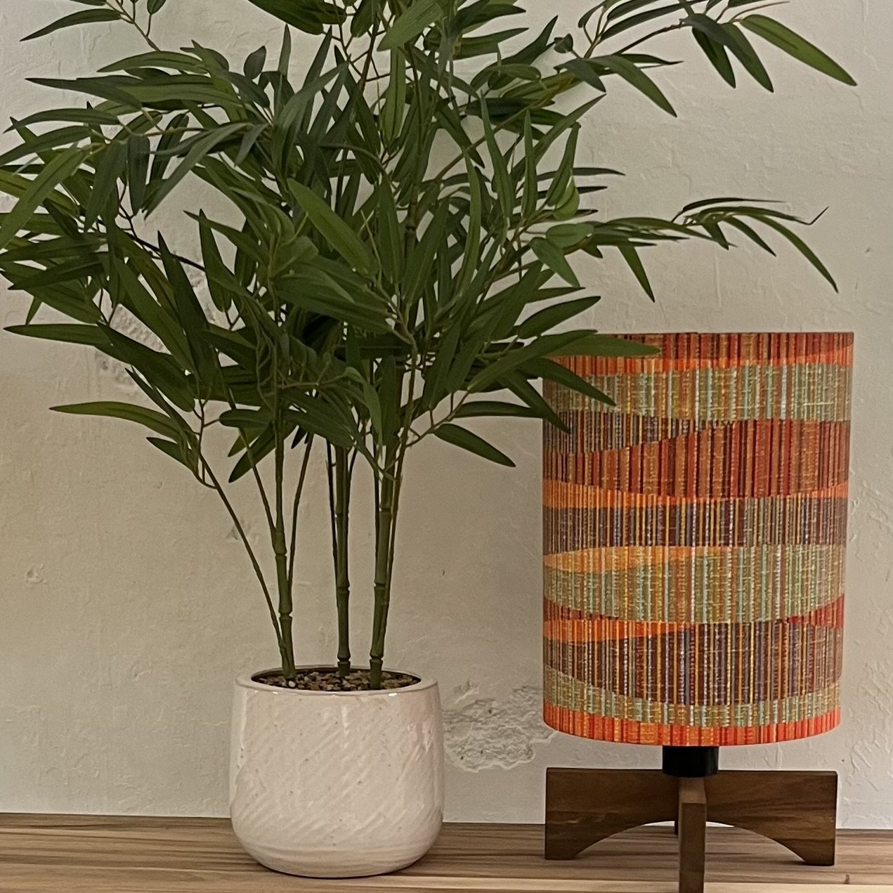 Acacia Timber/Wood Lamp | Brown, Orange, Pale Green Lines/Striped Lampshade | Retro Lamp | Handmade in Australia