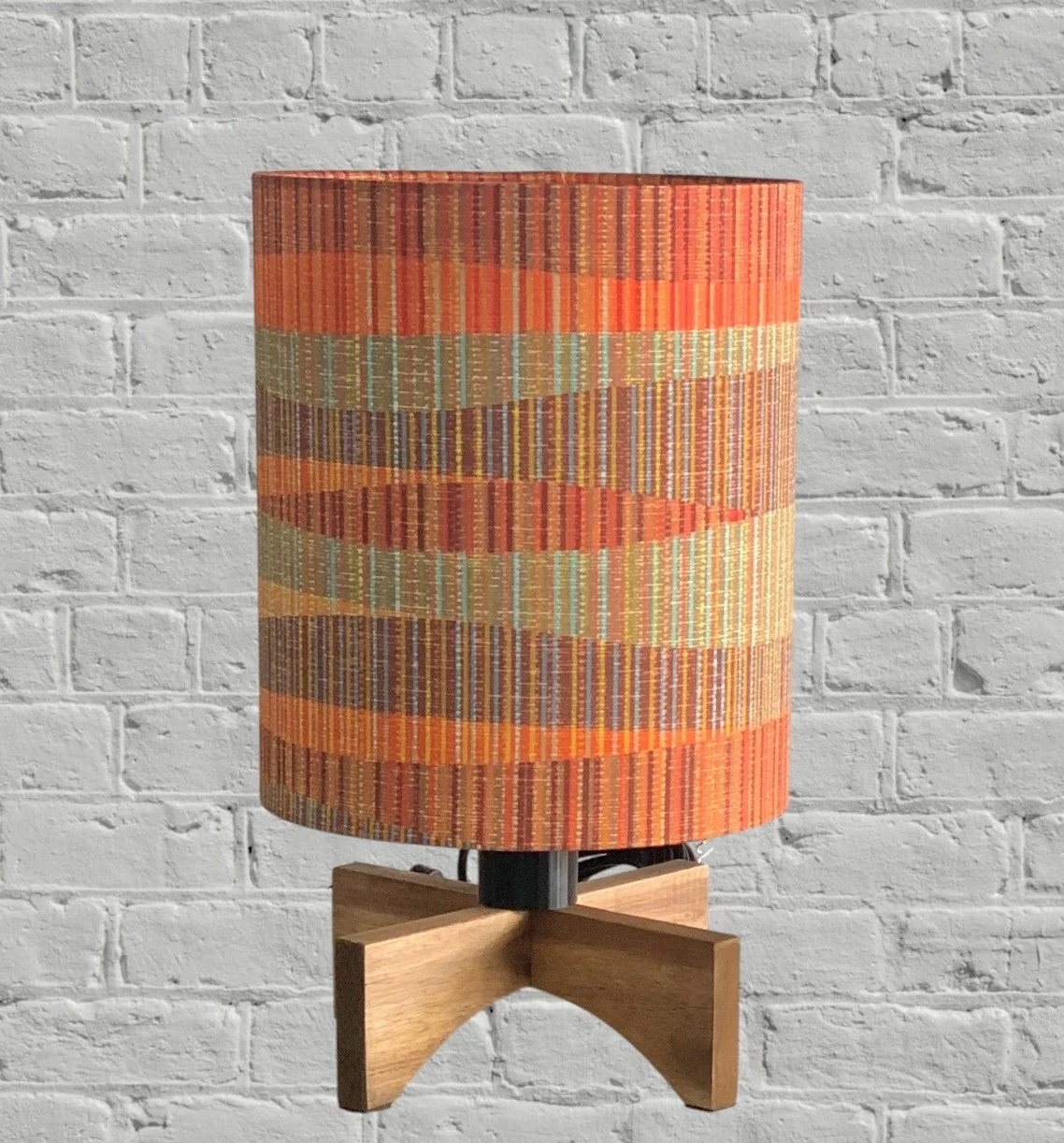 Acacia Timber/Wood Lamp | Brown, Orange, Pale Green Lines/Striped Lampshade | Retro Lamp | Handmade in Australia