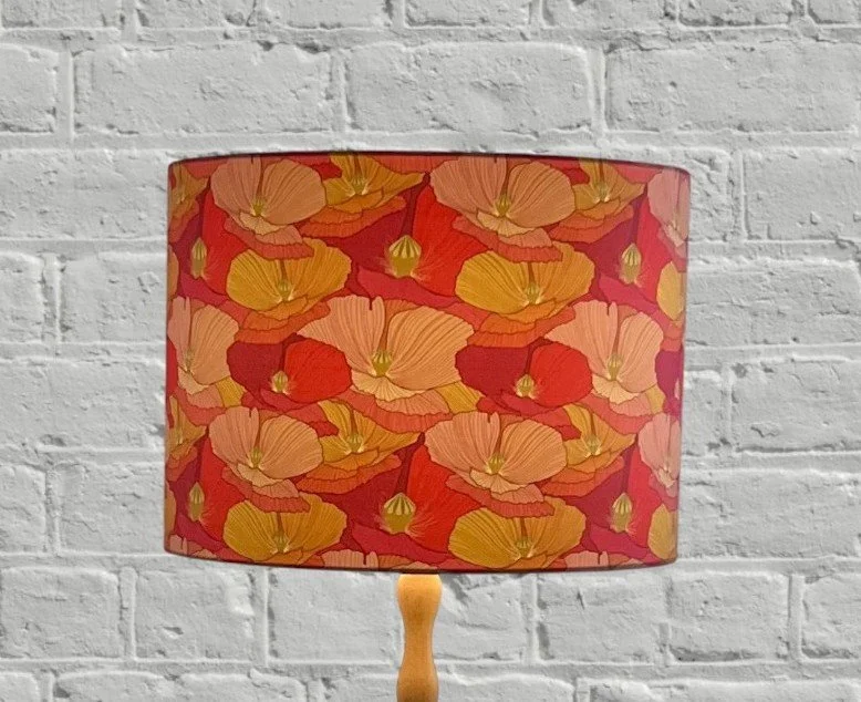 Abstract Red, Pink, Mustard Drum Lamp Shade | Multi-Coloured/Colored Floral Lampshade | Poppy, Wildflowers Lampshade | Hand Made Australia