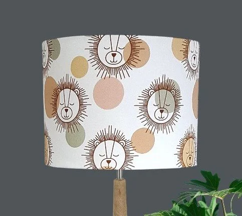 Nursery Lampshade | Multi-Coloured Cute Lion | Green, Taupe, Caramel, Pink Baby Lamp Shade | Contemporary Nursery Shade | Made in Australia