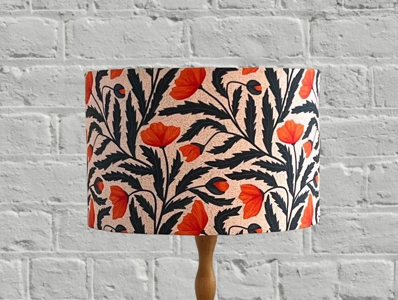 Orange Poppies &  Navy Leaf Lampshade