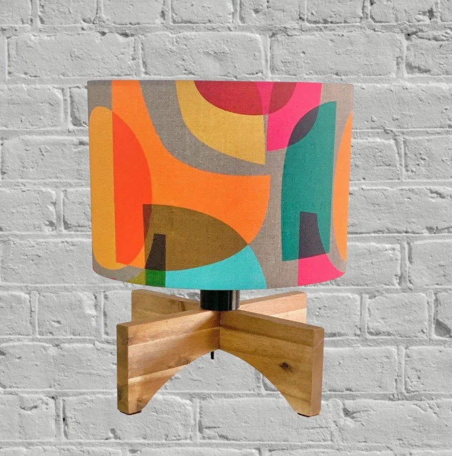 Acacia Timber/Wood Lamp | Multi-Coloured/Colored Lampshade | Abstract Pink, Grey, Yellow Shade | Retro Lamp | Handmade in Australia