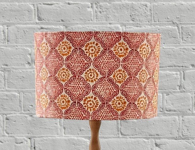 Moroccan Tile Red & Orange Lamp Shade | UK Designed Fabric Lampshade |  Linen Floor/Table Lampshade | Handmade in Australia