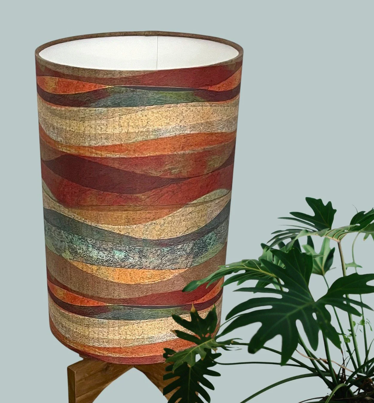 Retro/MCM Acacia Timber/Wood Lamp | Taupe, Orange, Rust, Blues Lampshade