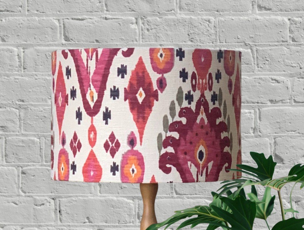 Pink, Orange Ikat Linen Blend Cotton Fabric Lampshade |  UK Quality Heavy Textured Oatmeal Fabric Lamp Shade | Handmade Australia