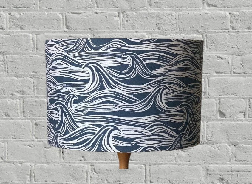 Wave, Sea Lampshade | Blue and White Waves | Drum Denim & White Lamp Shade | Made in Australia