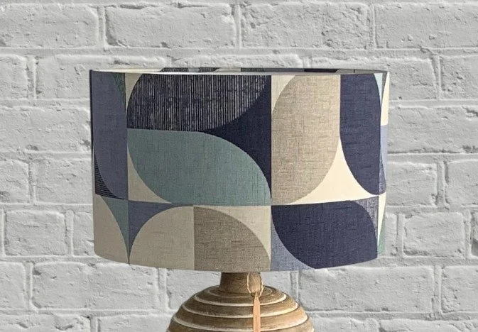 Geometric Blue Taupe Cotton Fabric Lampshade